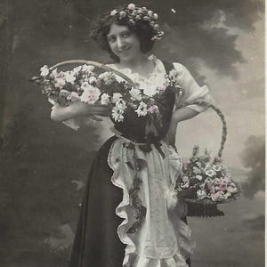 Flower Basket Lady Photo Postcard, c. 1910