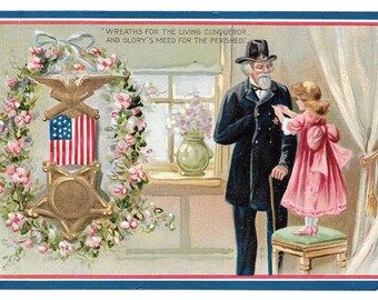 RÉSERVÉ À TATIANA - Carte postale du Memorial Day pour un vieil ancien combattant et une petite fille, 1909