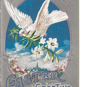 Cartolina di Pasqua con colomba d'argento e gigli, c. 1910