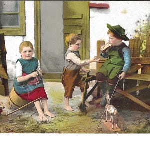 RÉSERVÉ À ANGELA - Carte postale d'enfants dans leur jardin, 1907