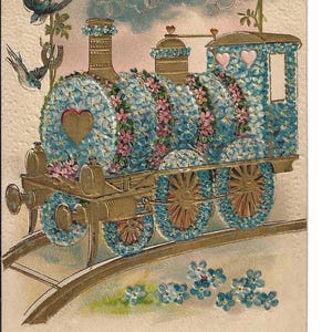 Forget-me-nots Train Birthday Postcard, c. 1910