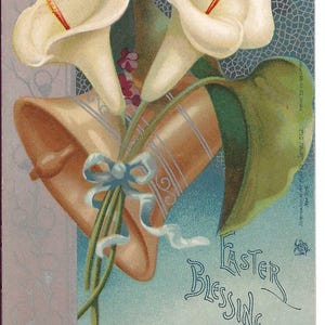 Calla Lilies Bell con accenti argentati, cartolina di Pasqua, c. 1910