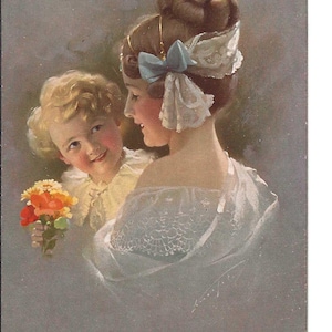 Cartão postal de mãe e filho assinado pelo artista, 1912