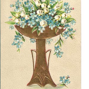 RESERVED FOR ANGELA - Vergoldete Vergissmeinnicht Vase Geburtstags-Postkarte, c. Um 1910