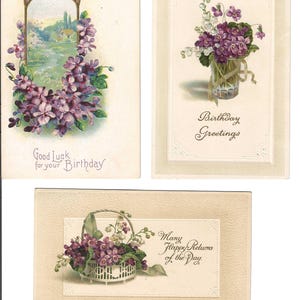 Trio de cartes postales d'anniversaire de violettes, 1916