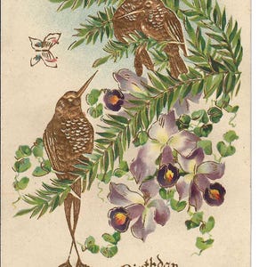RESERVED FOR MANUELA - Geburtstagspostkarte mit vergoldeten Vögeln, um 1910