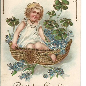 Shamrocks Korb Mädchen Geburtstag Postkarte, c. Um 1910