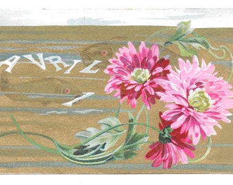 RESERVADO PARA ANGELA - Postal francesa del Día de los Inocentes con flores rosas y peces, c. 1910
