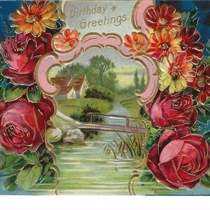 Cartão postal de aniversário à beira-mar com rosas e margaridas, c. 1910