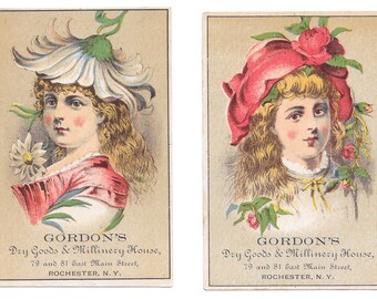 RESERVED FOR ADRIENNE - Pair of Flower Cap Girl Millinery Trade Cards, c. 1880