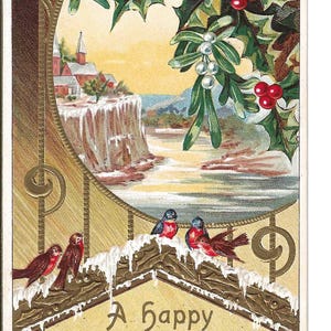 Carte postale Paysage enneigé avec oiseaux pour le Nouvel An, v. 1910