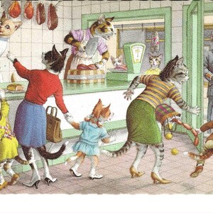 Cartão postal dos gatos de Mainzer no açougue, c. 1960