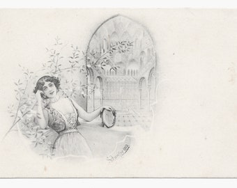 RÉSERVÉ à LISA W - Carte postale de femme gitane signée par l'artiste, 1902