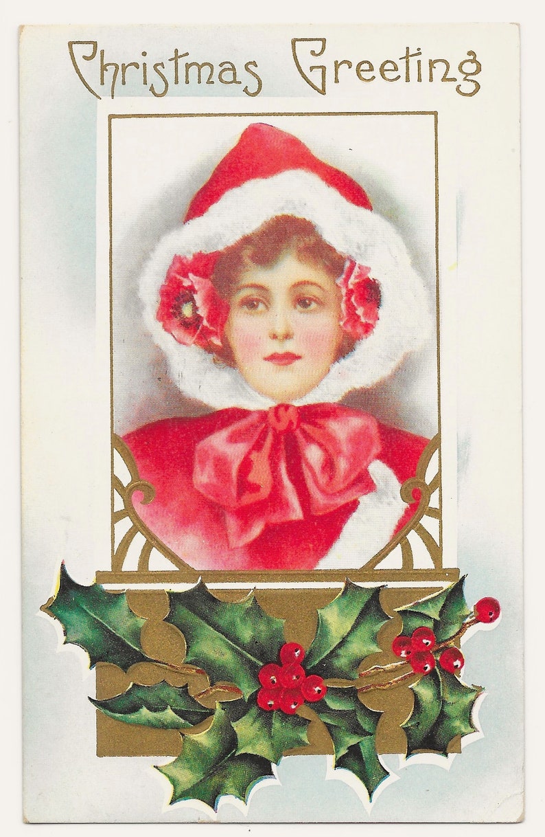 Red Holly Lady Christmas Postcard 1913 | Etsy