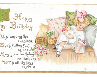 RESERVED FOR ADRIENNE - Sleepy Girl Birthday Postcard, 1914