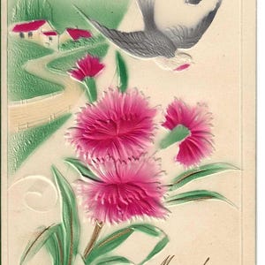 Tief geprägte Schwalben- und Nelken-Geburtstags-Postkarte, c. Um 1910
