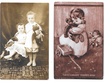 RESERVED FOR LEE - Pair of Children with Teddy Bears Postcards, 1908