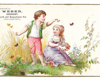 Country Kids Drug Store Trade Card, c. 1880