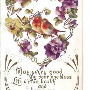 RÉSERVÉ À MERISSA - Carte postale de pensée avec un cœur et des oiseaux, v. 1910