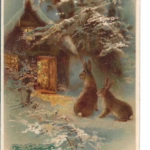 RÉSERVÉ À MANUELA - Carte postale du Nouvel An Lapins dans la neige, v. 1909