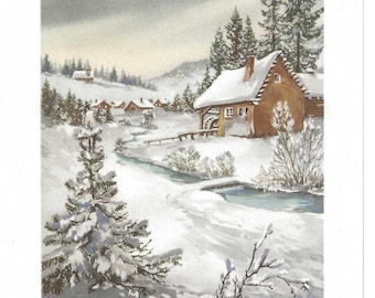 Snowy Watermill German Christmas Postcard, c. 1960
