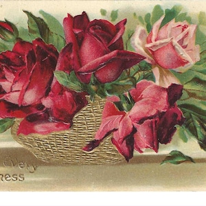 Carte postale de Bonheur avec un panier de roses doré, 1908