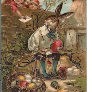 RISERVATO A SUZIE - Cartolina di Pasqua con coniglietto e dipintore di uova, c. 1910
