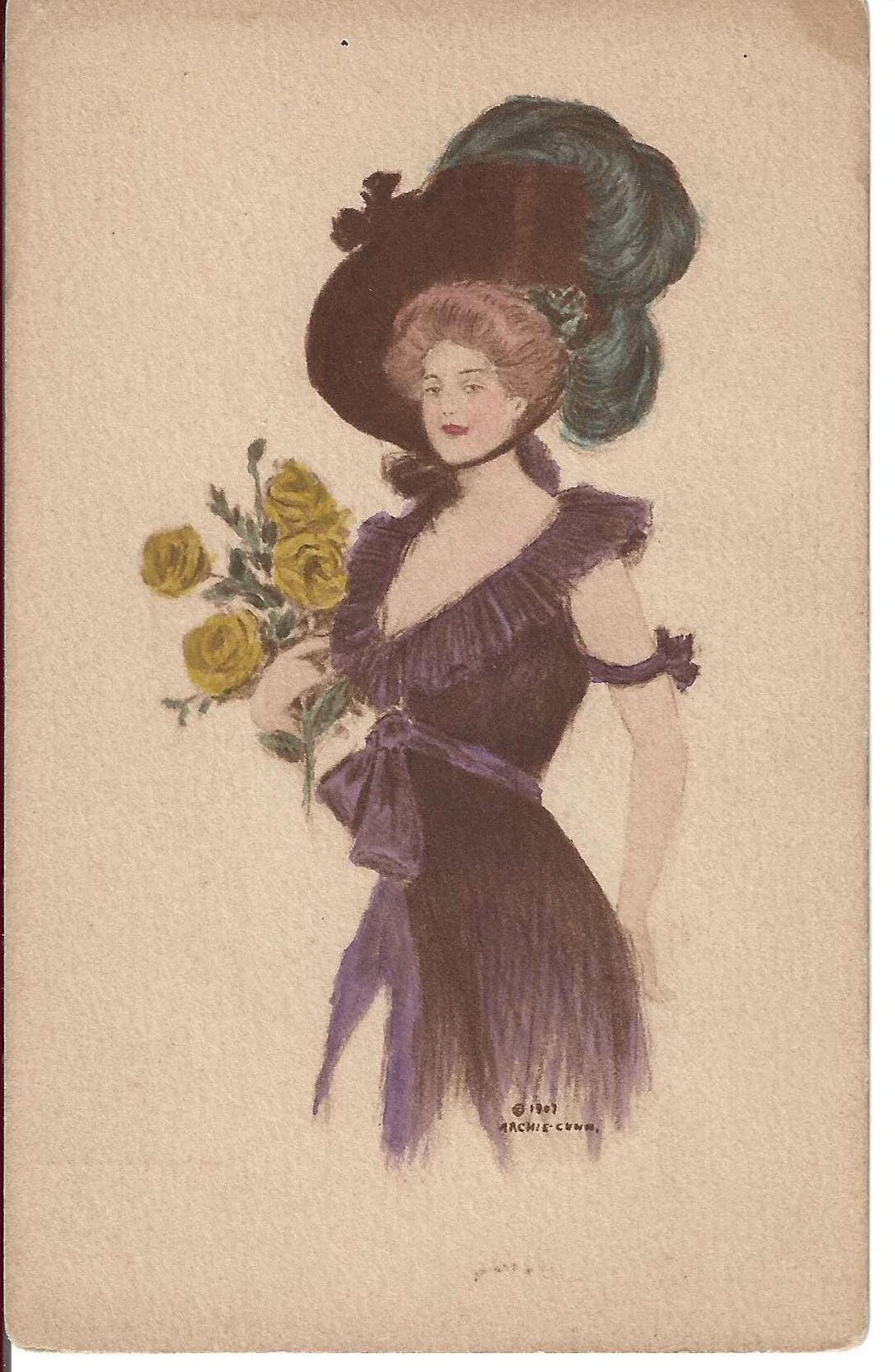 Archie Gunn Yellow Roses Lady Postcard, 1907 - Etsy
