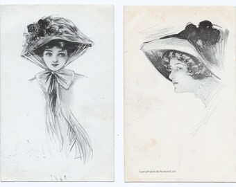 RESERVED FOR VICKIE - Pair of Hat Lady Postcards, 1916