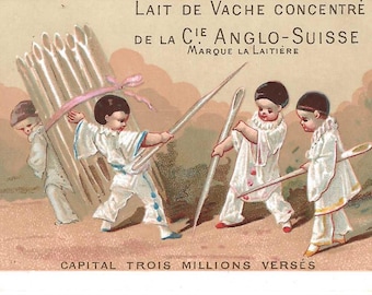 Cartolina pubblicitaria francese del latte condensato Little Pierrots, 1874