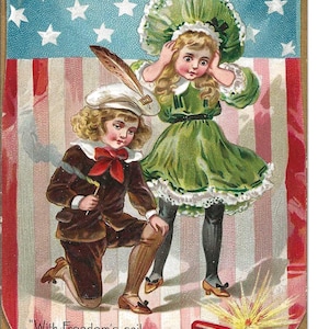 Carte postale pétard pour enfants avec étoiles et rayures, 4 juillet, v. 1910