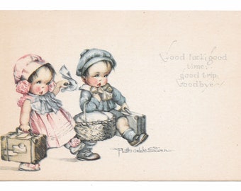 RESERVED-SUZIE-Artist-signed Traveling Kids Postcard, c. 1910