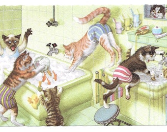 GERESERVEERD VOOR LEE - Mainzer Cats Bath Time-briefkaart, ca. 1970