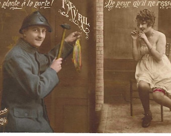 Soldat und Schatz #1 Französische 1. April Foto Postkarte, c. Um 1910