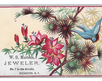 Floral Bluebird Juwelier Trade Card, c. Um 1880