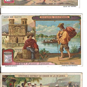 Liebig Rund um die Welt Set von drei Handelskarten, c. Um 1900