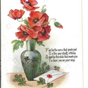 Cartão postal de aniversário com vaso de papoulas, c. 1920