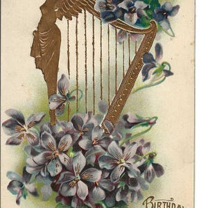 Veilchen Vergoldete Harfe Geburtstagspostkarte, 1907