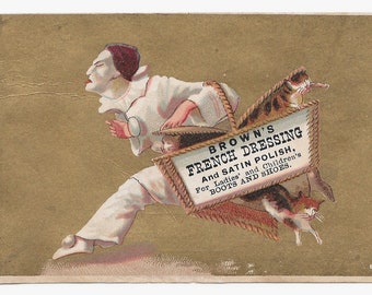 RÉSERVÉ À SUZIE - Carte de commerce de chaussures Pierrot et chats, v. 1880