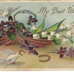 Lovebirds Frühlingsblumenkorb Beste Wünsche Postkarte, 1910