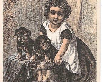 Medizin-Werbekarte mit Mädchen und Welpen, ca. 1880