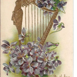 Veilchen vergoldete Harfe Geburtstag Postkarte, c. Um 1910
