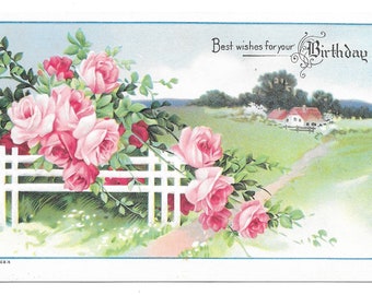 RISERVATO A KAYE - Cartolina di compleanno di Roses on the Fence, 1950 ca. 1910