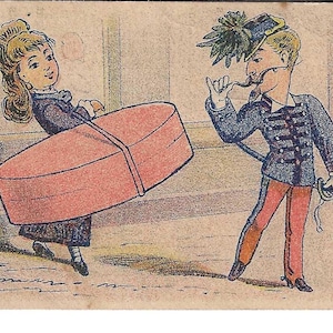 RESERVED FOR ANGELA - Big Hat Box Lady Theatrical Trade Card, c. Um 1880