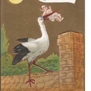 Carte postale de félicitations pour un bébé cigogne sur le toit, v. 1910