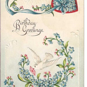 RÉSERVÉ À MERISSA - Carte postale d'anniversaire avec un tourtereau et des myosotis, v. 1910