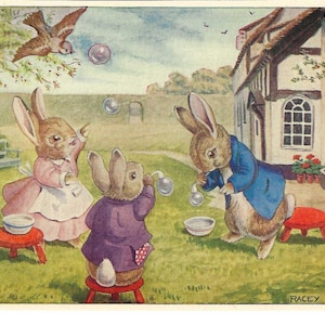Cartão postal "Blowing Bubbles Bunnies" assinado pelo artista, c. 1960