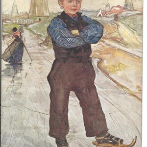 Carte postale hollandaise Garçon sur patins signée par l'artiste, v. 1910