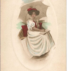 RESERVADO PARA ADRIENNE - Cartão postal de aniversário da Rowboat Parasol Lady, 1911