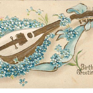 Vergissmeinnicht Mandoline Geburtstag Postkarte, c. Um 1910